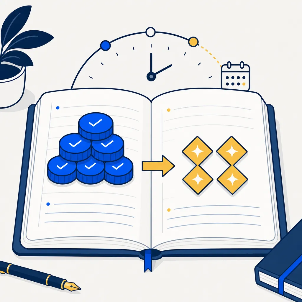 Flat editorial illustration depicting the pairing of a harvested loss bank with intentional gain realizations. An open ledger or notebook rests on an off-white surface. On one page, a stack of abstract blue tokens with small tick marks represents accumulated harvested losses held as inventory. On the facing page, a gold arrow points right toward a set of matching gold diamond accents, representing the deliberate pairing of those losses with future gain realizations. A subtle clockface or calendar arc near the top links the timing dimension to the decision. The mood is calm, precise, and deliberate — emphasizing intentional use over passive accumulation.