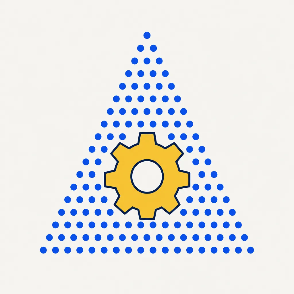 Abstract flat illustration showing many small electric-blue dots arranged in a geometric cluster, each representing an individual stock in a direct-index sleeve. A central gold gear at the core symbolizes the optimizer's beta-management constraint that keeps the aggregate portfolio aligned to its benchmark target, even as individual lots are harvested and replaced independently. Clean off-white background with minimal shading.