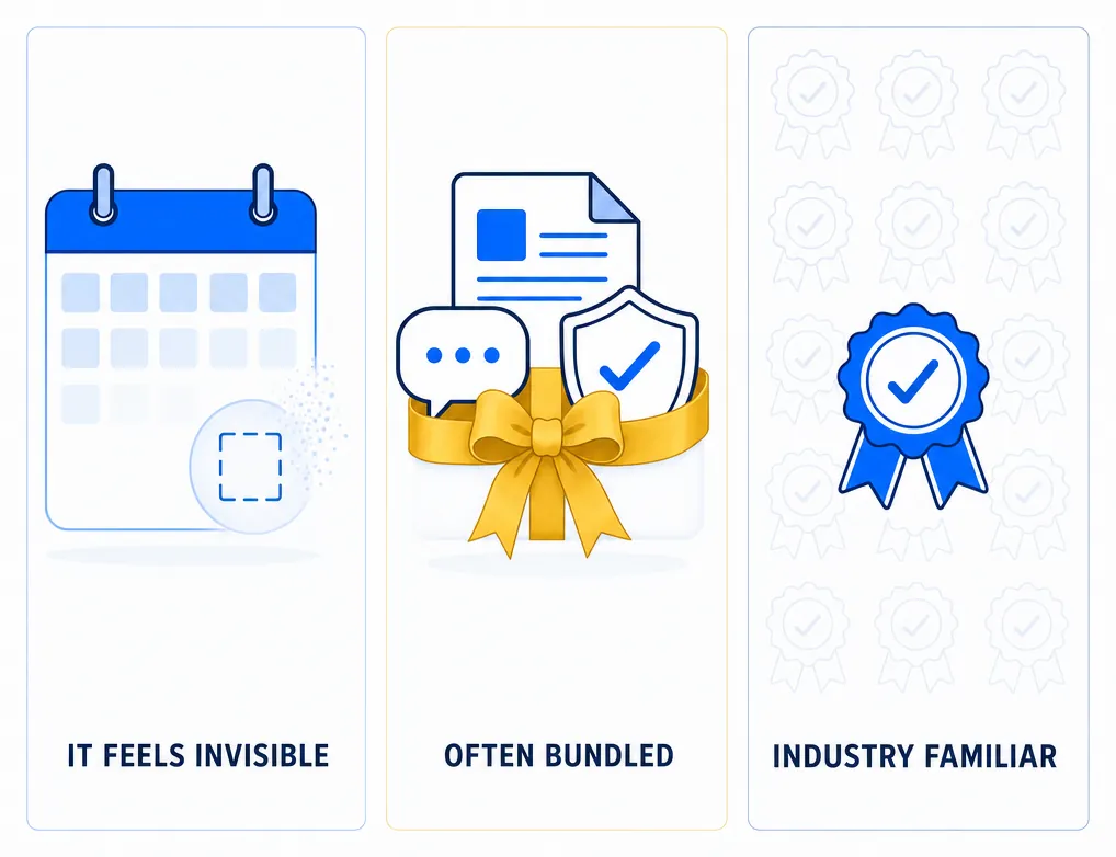 Three-panel infographic illustrating why a percentage-of-assets fee persists despite its long-term cost. Panel one, labeled IT FEELS INVISIBLE, shows a stylized blue calendar with a deduction fading into the background. Panel two, labeled OFTEN BUNDLED, shows a document and a shield wrapped together with a gold ribbon, representing several services packaged as one fee. Panel three, labeled INDUSTRY FAMILIAR, shows a blue seal repeated in the background, representing a widely normalized industry convention.