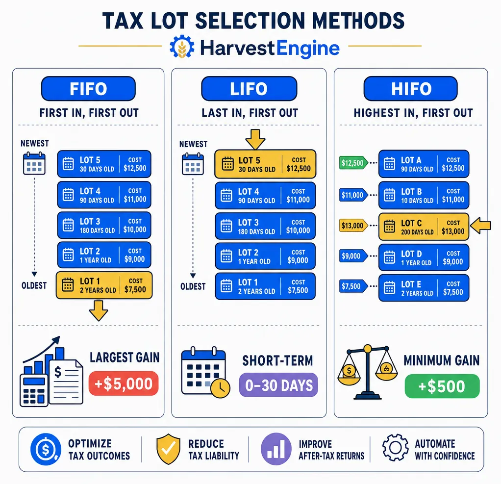 Three-panel editorial infographic comparing the three automatic tax lot selection methods applied to the same portfolio position. FIFO panel on the left: a stack of blue lot cards with a gold selection arrow pointing to the bottom card, representing the oldest lot sold first and a potentially larger recognized gain. LIFO panel in the center: the same stack, gold arrow at the top card, representing the newest lot sold first — typically short-term in character. HIFO panel on the right: the highest-cost lot highlighted with a gold arrow regardless of acquisition order, representing minimum recognized gain per share sold.