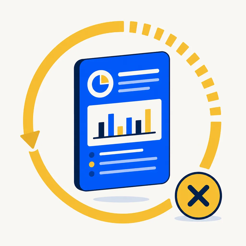 Flat editorial illustration for a finance article about a configurable veto window on automated portfolio proposals. An electric-blue proposal document sits centered within a calm gold timing arc — partially complete — suggesting a measured waiting period before execution. A subtle gold cancel indicator rests at lower-right, available but untouched. The mood is calm precision: automation is in motion, but a deliberate override window remains open to the investor.