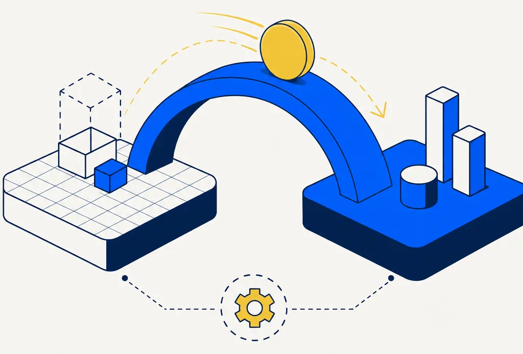 Flat editorial illustration representing the conceptual link between a portfolio sandbox simulation and a live brokerage account. A clean electric-blue abstract bridge arch spans the center of the composition, connecting a left platform with a subtle grid pattern suggesting simulation and a right platform with a solid grounded form representing real capital. An abstract gold value token travels across the bridge, suggesting that harvest-yield estimates from a sandbox simulation may translate to a live account when the same engine logic is applied to real positions. The mood is calm and confident — translation, continuity, readiness.