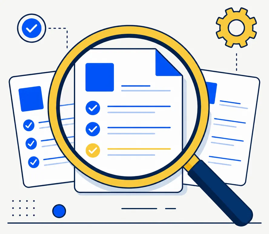 Editorial illustration of a large gold-accented magnifying glass hovering over a small stack of abstract blue document cards, with a few checkmark-shaped ticks and one gold highlight among them, representing a careful item-by-item evaluation of a TLH pitch's paperwork before deciding. Deep navy outlines, off-white background, no readable text in the image.