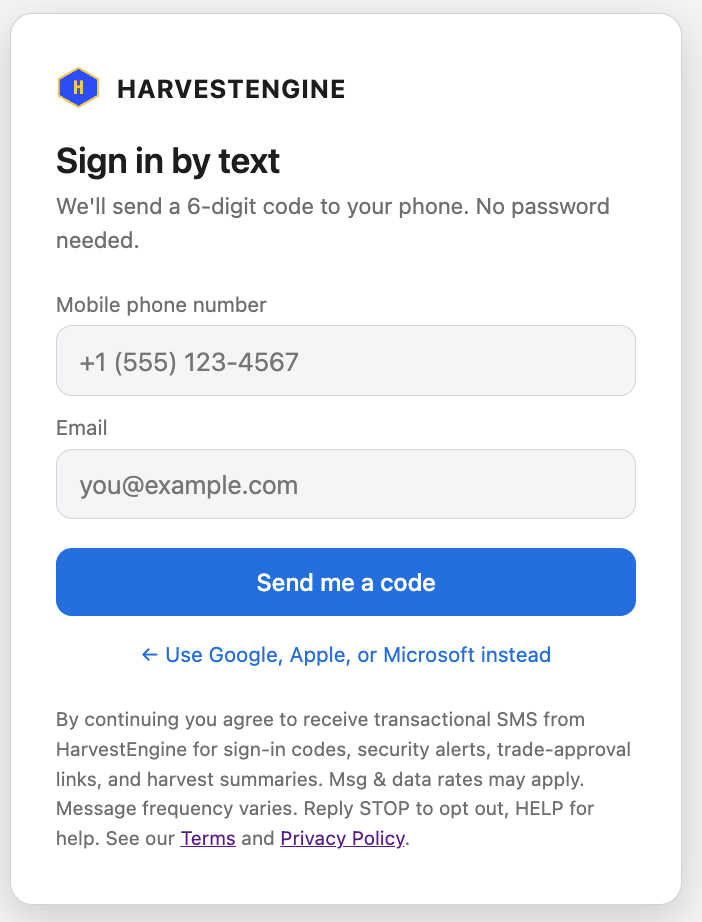 Sign in by text — phone, email, Send me a code, with the opt-in disclosure underneath