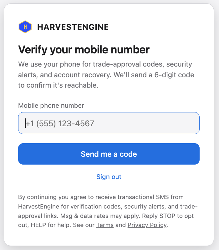 Verify your mobile number — phone entry plus consent disclosure for users signed in via SSO or password